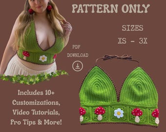 PATTERN | Enchanted Mushroom Crop Top Crochet Pattern PDF | Includes 10 Exclusive Video Tutorials