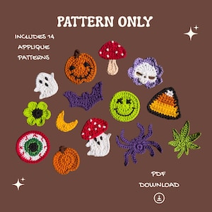 Könnte beinhalten: Eine Sammlung von 14 Häkel-Applikationsmustern mit Halloween- und Naturmotiven, darunter ein Geist, Kürbis, Pilz, Totenkopf, Fledermaus, Smiley, Zuckermais, Auge, Spinne, Blatt und Mond. Text: PATTERN ONLY, INCLUDES 14 APPLIQUE PATTERNS, PDF DOWNLOAD.
