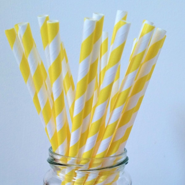 25, 50, 100 x paper straws Yellow stripes. party, Easter, Birthday, BBQ, citrus lemon, Wedding, summer fun. Biodegradable, fun, cocktails