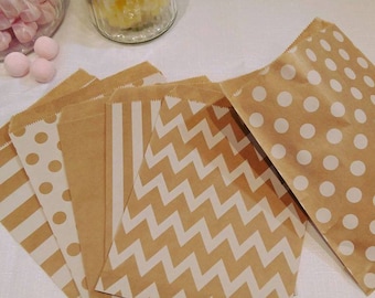 24, 48, 96 x Brown kraft paper sweet bags spots stripes. retro rustic wedding favors advent christmas candy gift party bags