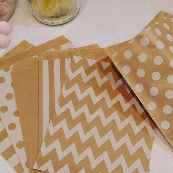 24, 48, 96 x Bolsas de papel kraft marrón para dulces con lunares y rayas. Bolsas de regalo rústicas retro para bodas, Adviento, Navidad, dulces, fiestas.