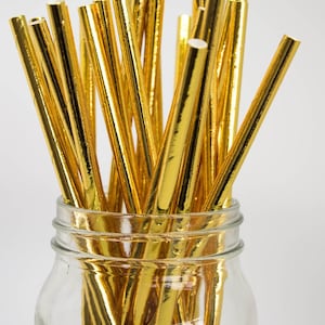 25, 50, 100 x Paper Straws solid Gold foil, metallic, wedding, theme party, Christmas, Anniversary, biodegradable, fun, cocktails