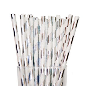 25, 50, 100 x Paper Straws Silver foil stripe, metallic, wedding, theme party, Christmas, biodegradable, fun, cocktails