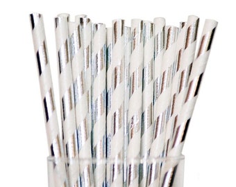 25, 50, 100 x Paper Straws Silver foil stripe, metallic, wedding, theme party, Christmas, biodegradable, fun, cocktails