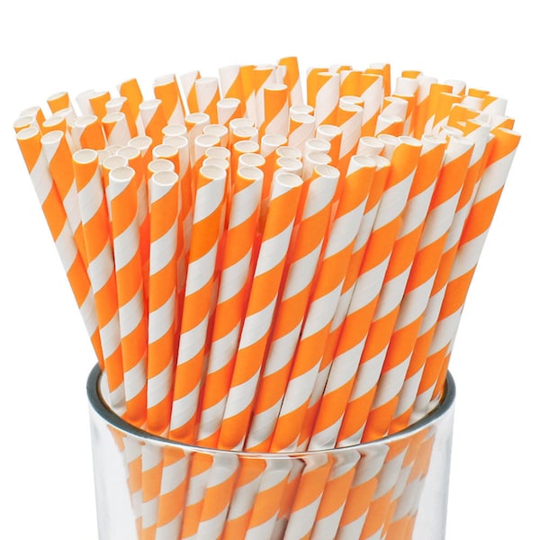 25, 50, 100 x Paper Straws Orange stripe, wedding, theme party, cocktails, BBQ, Fun biodegradable, fun, cocktails