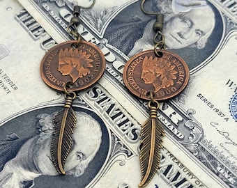 Indian Head Penny Earrings set with feather IHP Dangling Vintage Authentic OLD pennies over 100 years old