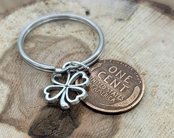 Lucky Wheat Penny Cent Keychain (Stamped imprinted penny with clover & Charm) 1910-1958 Good Luck Charm Unique Gift Wedding Party Favors