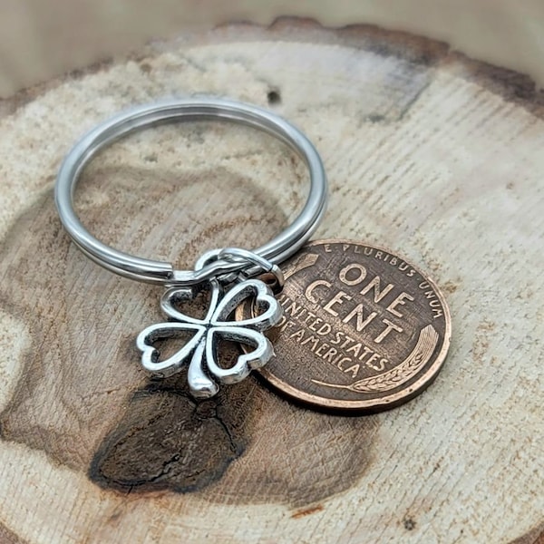Lucky Wheat Penny Cent Keychain (Stamped imprinted penny with clover & Charm) 1910-1958 Good Luck Charm Unique Gift Wedding Party Favors