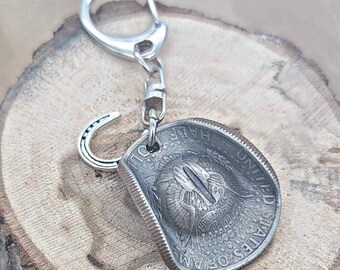 Half Dollar Cowboy Hat Keychain with Horseshoe Charm ( random non-silver half dollar)