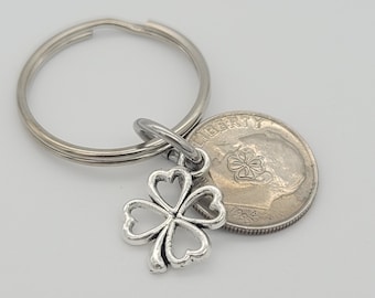 Lucky Dime Keychain (Stamped imprinted dime with clover & Charm) Good Luck Charm Unique Gift