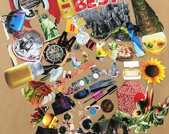 May include: A collage of various images, including a diamond heart, a cat, a peacock, a cityscape, a bottle of tea, a watch, a purse, and the word "BEST" in red. The collage is on a brown background.