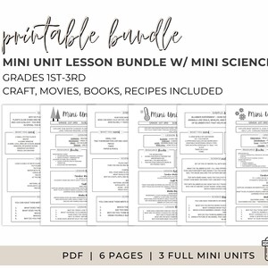 May include: A printable bundle of mini unit lesson plans for grades 1st-3rd. The bundle includes mini science units with crafts, movies, books, and recipes. The text on the image says "printable bundle" and "Mini Unit Lesson Bundle".