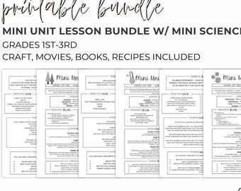 Paquete de estudio de miniunidades de invierno, 3 unidades científicas sencillas para imprimir, planes de lecciones para educación en el hogar y en el aula de 1.º a 3.º grado, lecciones abiertas y fáciles de usar.
