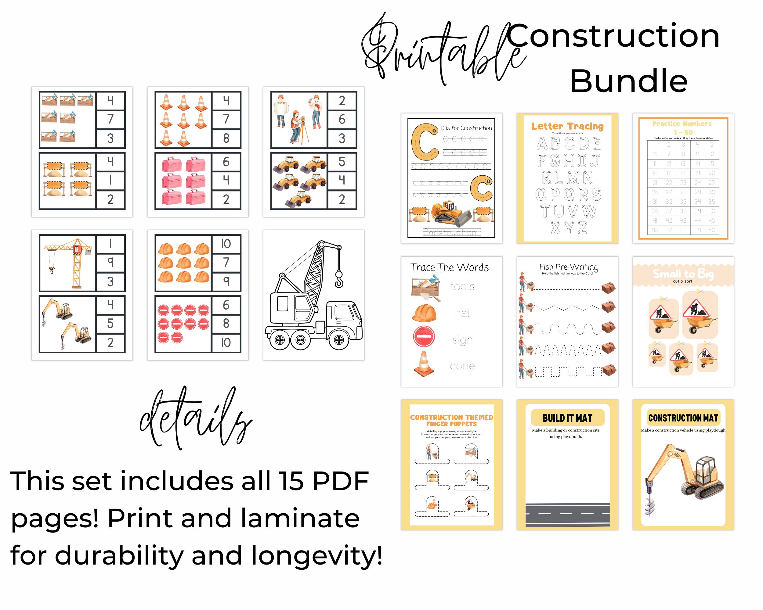 Construction Themed Preschool/ Kindergarten Learning Bundle, Printable ...