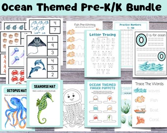 Ocean Themed Preschool/ kindergarten Learning Bundle, Ocean Printable Activity, Homeschool Activity, Montessori Printable