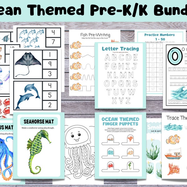 Ocean Themed Preschool/ kindergarten Learning Bundle, Ocean Printable Activity, Homeschool Activity, Montessori Printable