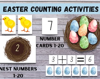 Actividad matemática con temática de Pascua para preescolar o jardín de infantes, juego de matemáticas imprimible, reconocimiento de números, conteo, suma y resta simples