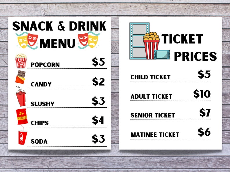 May include: A white sign with a black border and a red and yellow theater mask design. The sign lists snack and drink prices for popcorn, candy, slushy, chips, and soda. A second white sign with a black border lists ticket prices for child, adult, senior, and matinee tickets.