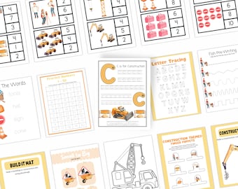 Könnte beinhalten: Eine Sammlung von Arbeitsblättern zum Thema Bauen. Enthält Übungen zum Zahlen zuordnen, Buchstaben nachzeichnen und Vorschreiben. Mit Illustrationen von Baufahrzeugen, Werkzeugen und Sicherheitsschildern. Für das frühe Lernen konzipiert.