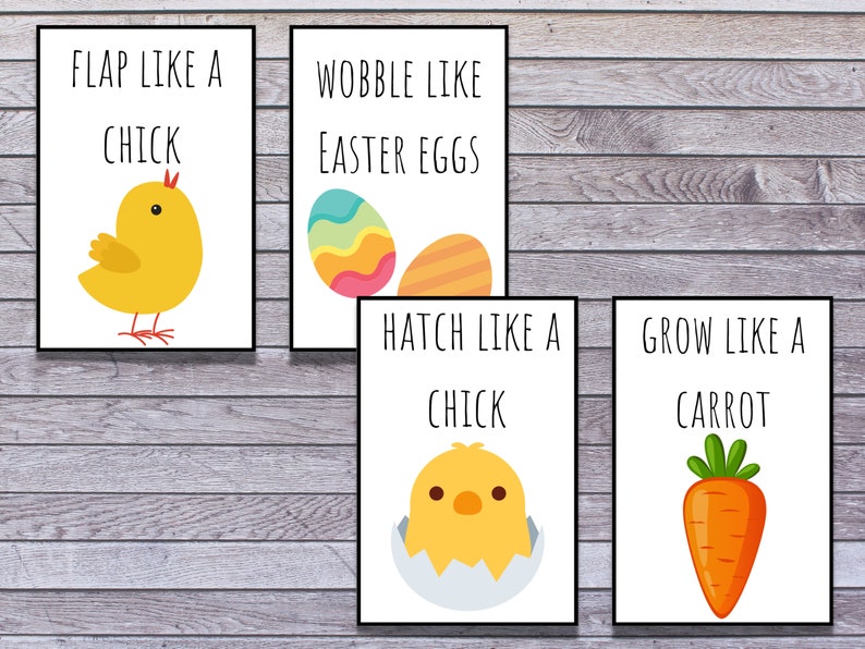 Puede incluir: Cuatro tarjetas imprimibles con instrucciones para un juego de Pascua. Las tarjetas presentan ilustraciones de un pollito, huevos de Pascua, un pollito saliendo de un huevo y una zanahoria. El texto en las tarjetas dice "Flap like a chick", "Wobble like Easter eggs", "Hatch like a chick", y "Grow like a carrot".