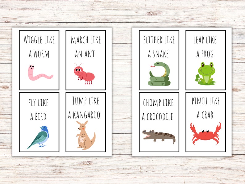 Peut inclure: Huit cartes imprimables avec des instructions de mouvement sur le th&egrave;me des animaux. Chaque carte pr&eacute;sente une illustration color&eacute;e d'un animal et un texte qui dit "Se tortiller comme un ver", "Marcher comme une fourmi", "Se glisser comme un serpent", "Sauter comme une grenouille", "Voler comme un oiseau", "Sauter comme un kangourou", "Mordre comme un crocodile", et "Pincer comme un crabe".