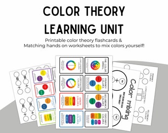 May include: Color theory learning unit with printable flashcards and worksheets. The flashcards feature a color wheel, primary, secondary, and tertiary colors, warm and cool colors, and complementary and contrasting colors. The worksheets have circles for mixing colors.