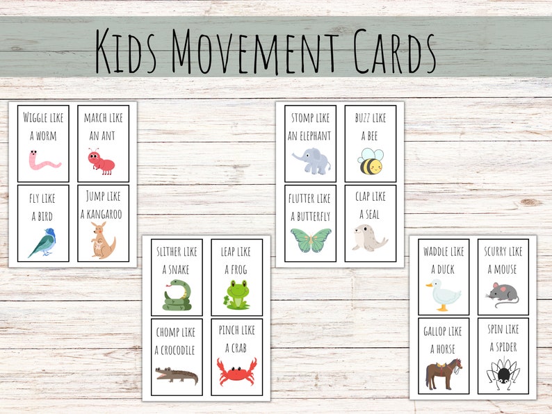 Peut inclure: Un ensemble de 12 cartes imprimables avec des instructions de mouvement pour les enfants sur le th&egrave;me des animaux. Chaque carte pr&eacute;sente une illustration color&eacute;e d'un animal et une instruction de mouvement correspondante, comme "Se tortiller comme un ver" ou "Sauter comme un kangourou".