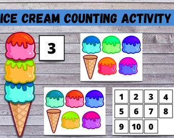 May include: A colorful ice cream cone counting activity with a stack of three ice cream scoops and a number 3. There are multiple ice cream scoops in different colors and a number chart with numbers 1 through 10.