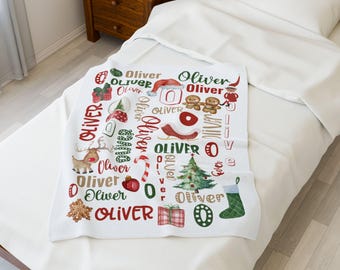 Manta de terciopelo, manta navideña personalizada para niños, manta navideña con nombre personalizado, regalo navideño para niños, acogedora decoración de dormitorio invernal.