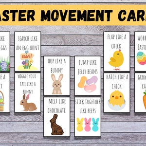 Carte di movimento pasquale, Attività di movimento, Cubi di movimento, Carte d'azione, Attività prescolare, Attività scolastica a casa, Tempo del cerchio, Stampabili