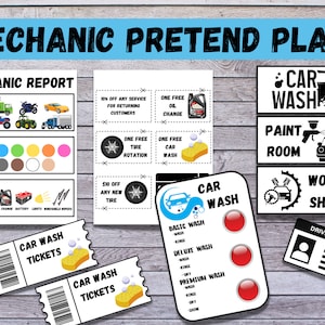 May include: A collection of printable mechanic pretend play materials. Includes a mechanic report, car wash tickets, car wash signs, and a driver's license. The color palette includes primary colors and black and white.