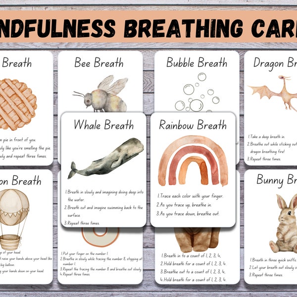 Mindfulness Breathing Exercises Activities for kids, Breathing cards, Calming Corner, Calming Strategies, Psychology tools, Anxiety relief