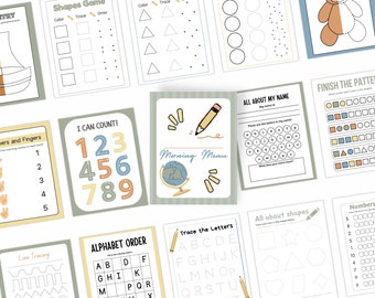 May include: A set of printable worksheets for kids featuring activities like tracing shapes, counting numbers, tracing letters, and writing their name. The worksheets are designed with a colorful and playful theme.