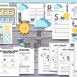Op de afbeelding: Een set printbare educatieve werkbladen voor kleuters met een spinnen thema. De werkbladen bevatten activiteiten zoals het traceren van letters, tellen, kleuren en knippen. De werkbladen zijn ontworpen om kinderen te helpen leren over spinnen, letters, cijfers en kleuren.