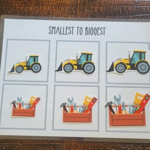Printable, Construction smallest to biggest Activity, Toddler Busy Book Pages, Learning Folder, Early Education Resource, Homeschooling