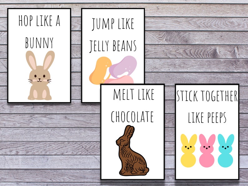 Puede incluir: Cuatro tarjetas imprimibles con ilustraciones y texto sobre el tema de Pascua. La primera tarjeta presenta un conejito marr&oacute;n con el texto "Hop like a bunny". La segunda tarjeta presenta gominolas de colores con el texto "Jump like jelly beans". La tercera tarjeta presenta un conejito de chocolate con el texto "Melt like chocolate". La cuarta tarjeta presenta tres Peeps de colores pastel con el texto "Stick together like peeps".