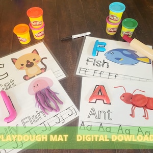 May include: A set of printable playdough mats featuring the letters C, F, and A. Each mat includes a picture of a cat, fish, and ant, along with the corresponding letter and practice lines. The mats are designed for children to practice letter recognition and fine motor skills.