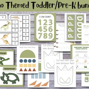 Può includere: Un set di attività educative stampabili a tema dinosauri per bambini piccoli e bambini in età prescolare. Le attività includono il conteggio, il tracciamento, il riconoscimento delle forme e la costruzione del proprio dinosauro. Il set presenta una combinazione di colori verde, marrone e blu.