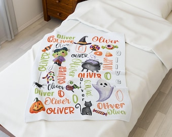 Manta infantil de Halloween personalizada: felpa de terciopelo, nombre personalizado, temática espeluznante, manta acogedora, regalo para niños, para dormir, truco o trato