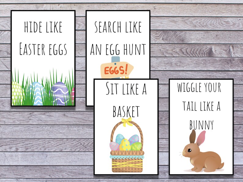 Puede incluir: Cuatro tarjetas imprimibles con instrucciones de tem&aacute;tica de Pascua para un juego. Las tarjetas presentan texto que dice "Esconderse como huevos de Pascua", "Buscar como una b&uacute;squeda de huevos", "Sentarse como una cesta" y "Mueve la cola como un conejito".