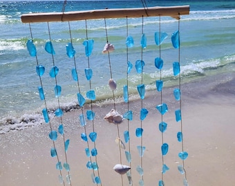 Blue Sea Glass Wind Chime, Natural Seashells & Driftwood Wall Art