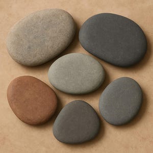 Puede incluir: Una colección de piedras lisas de forma ovalada en varios tonos de gris, marrón y negro. Las piedras están dispuestas sobre una superficie de tono neutro, mostrando sus texturas y colores naturales. La disposición resalta las formas y variaciones orgánicas.