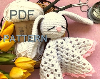 Sleepy Bunny Crochet Lovey Pattern, Amigurumi Comforter (PDF Pattern)