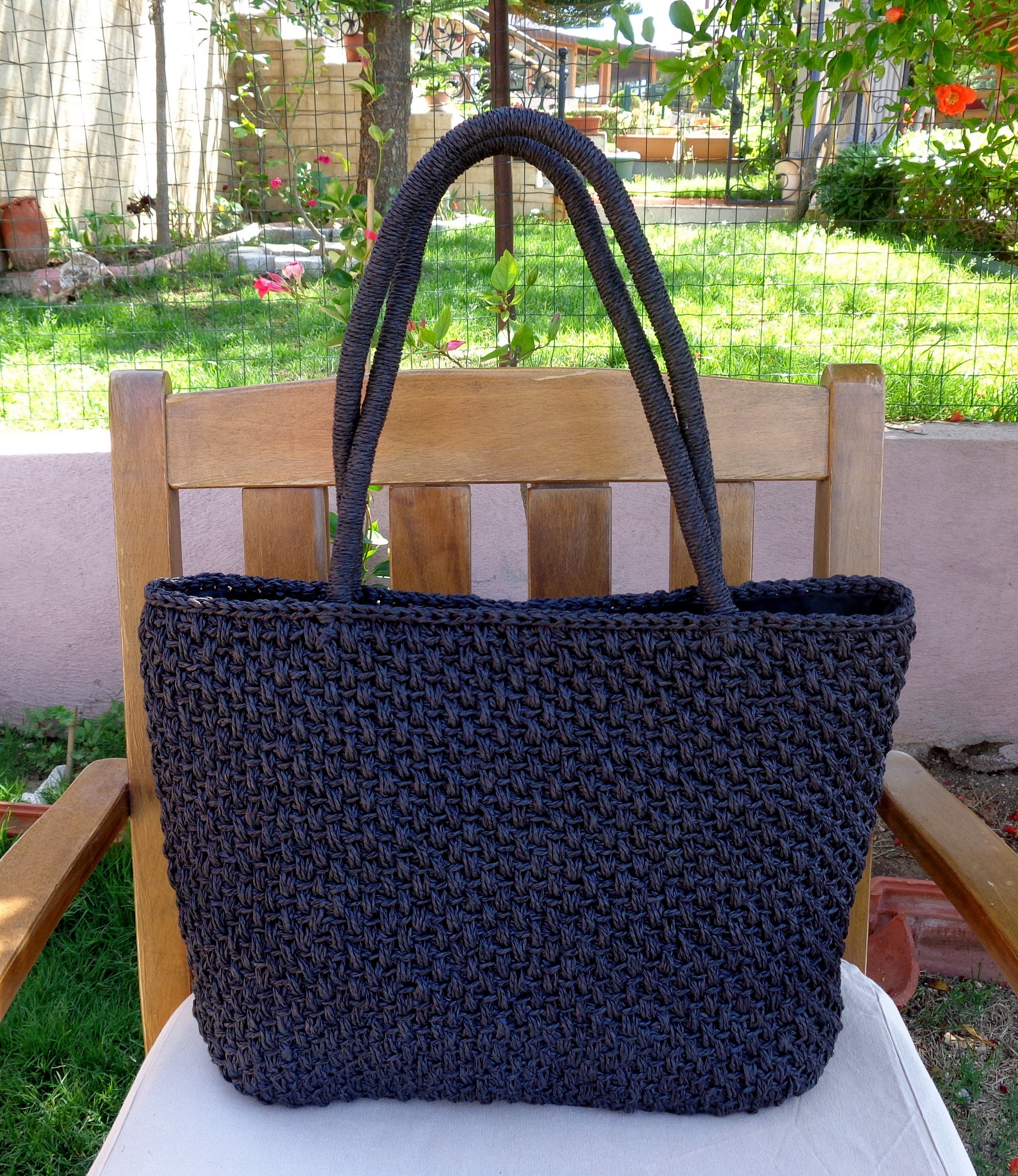 Crochet Bag Straw Bag Tote Bag Black Bag Straw Shoulder Etsy
