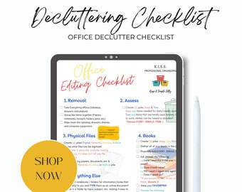 May include: A digital PDF decluttering checklist for the office, displayed on a tablet with a stylus. The checklist includes sections for removal, assessment, physical files, and books. A yellow "Shop Now" button is in the lower left.