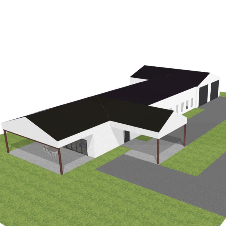 May include: A white, modern house with a black roof and a covered patio. The house has a garage with two doors and a driveway.