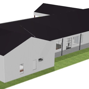 May include: A white, single-story house with a black roof. The house has a large, open porch on the back side. The house is set on a grassy lawn.