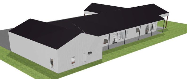 May include: A white, single-story house with a black roof. The house has a large, open porch on the back side. The house is set on a grassy lawn.