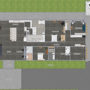May include: Floor plan of a house with a master bedroom, master bath, master closet, kitchen, dining room, living room, office, garage, patio, carport, and driveway.