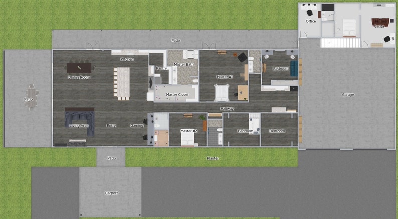 May include: Floor plan of a house with a master bedroom, master bath, master closet, kitchen, dining room, living room, office, garage, patio, carport, and driveway.